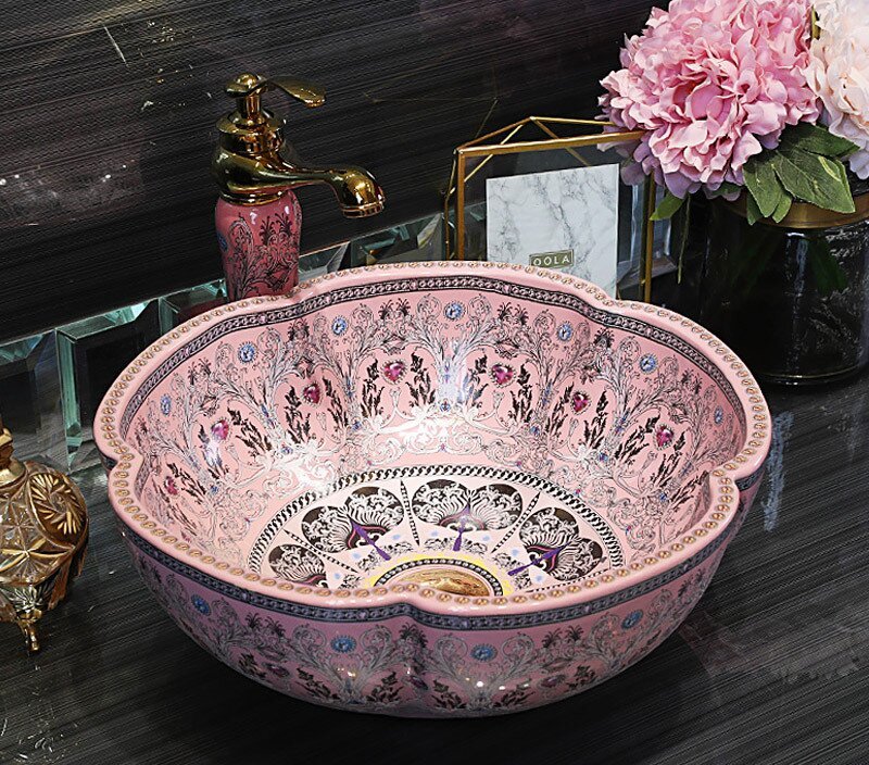 Flower Shaped Ceramic Wash Basin Bathroom Vessel Sink with Flower Bird Pattern