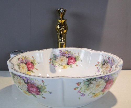 Flower Shaped Ceramic Wash Basin Bathroom Vessel Sink with Flower Bird Pattern