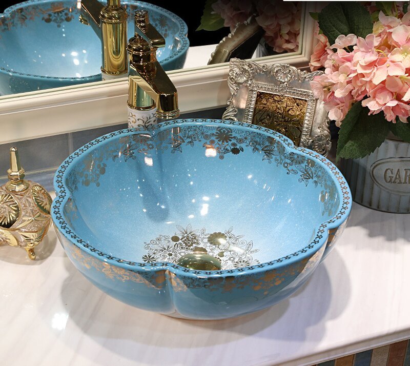 Flower Shaped Ceramic Wash Basin Bathroom Vessel Sink with Flower Bird Pattern