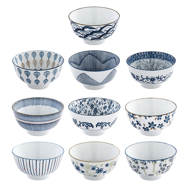Japanese tableware blue and white porcelain dinner bowls 4.5"