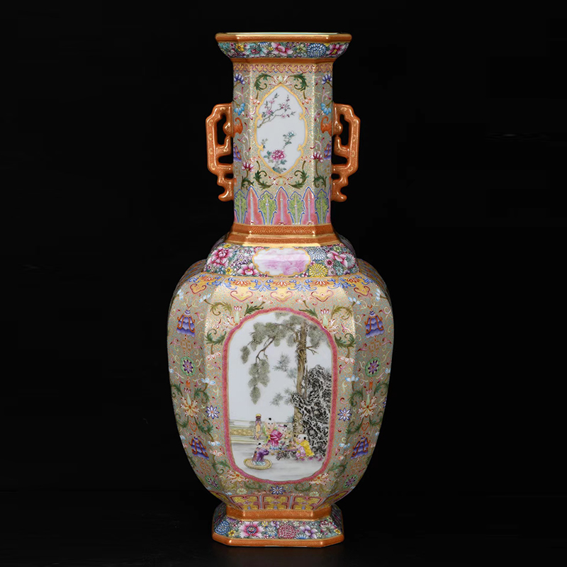 Antique Qing Qianlong Dynasty Ceramic Yellow Ground Heavy Famille Rose Porcelain Vase for Collection