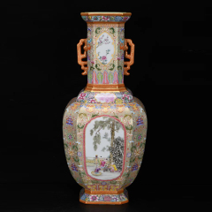 Antique Qing Qianlong Dynasty Ceramic Yellow Ground Heavy Famille Rose Porcelain Vase for Collection
