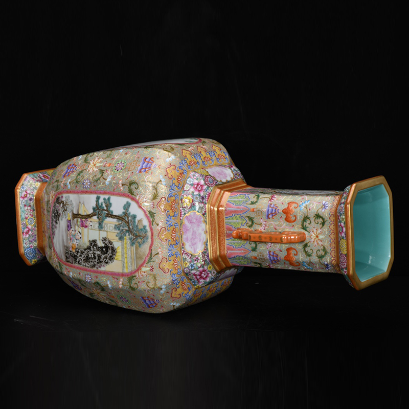 Antique Qing Qianlong Dynasty Ceramic Yellow Ground Heavy Famille Rose Porcelain Vase for Collection