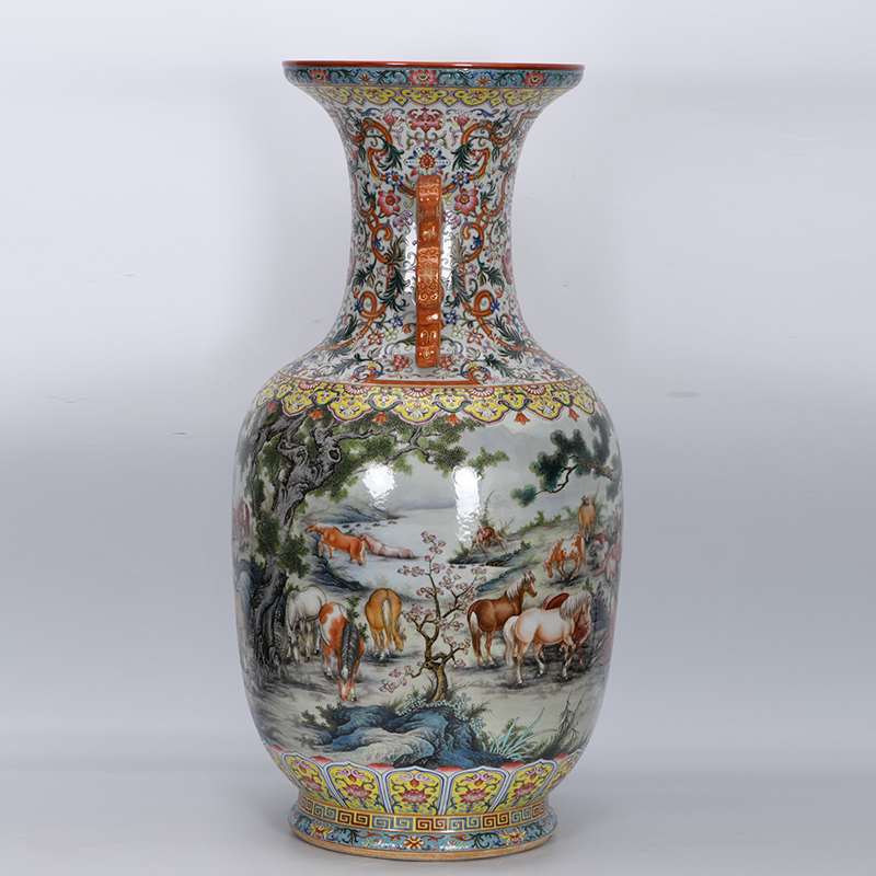 Antique Qing Qianlong Dynasty Ceramic Yellow Ground Heavy Famille Rose Porcelain Vase for Collection