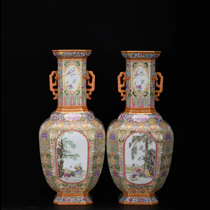Antique Qing Qianlong Dynasty Ceramic Yellow Ground Heavy Famille Rose Porcelain Vase for Collection