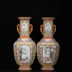 Antique Qing Qianlong Dynasty Ceramic Yellow Ground Heavy Famille Rose Porcelain Vase for Collection