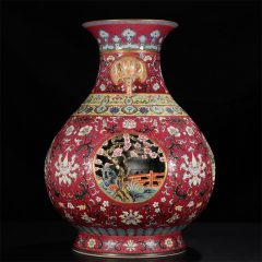 Antique Qing Qianlong Dynasty Ceramic Yellow Ground Heavy Famille Rose Porcelain Vase for Collection