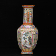 Antique Qing Qianlong Dynasty Ceramic Yellow Ground Heavy Famille Rose Porcelain Vase for Collection