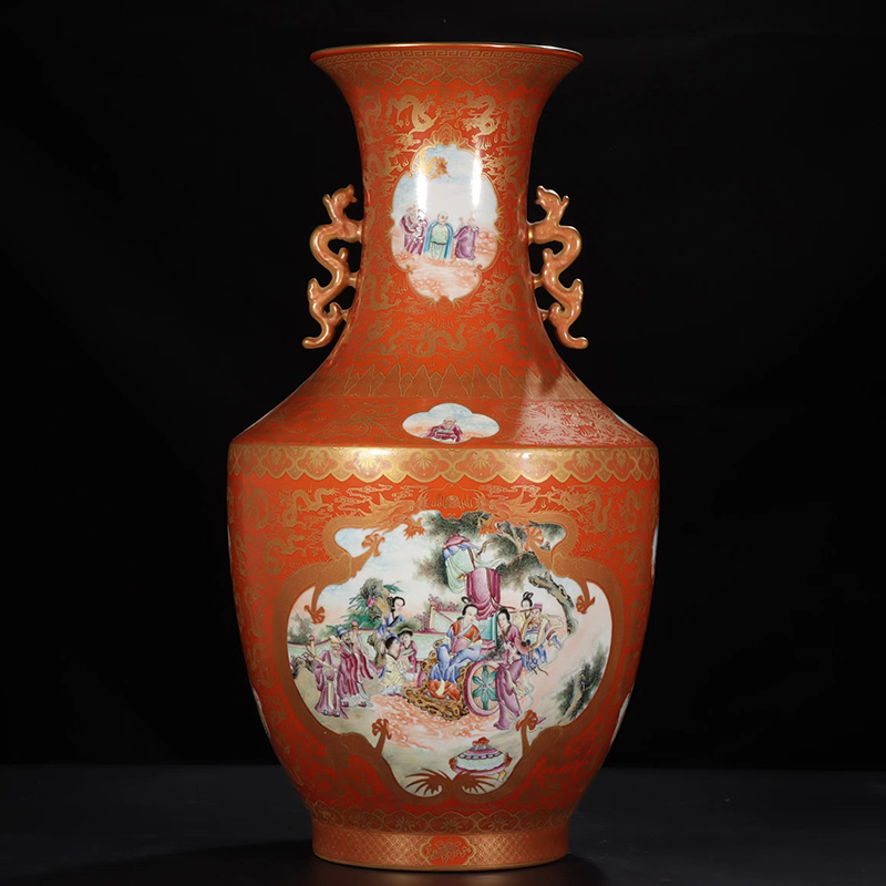 Antique Qing Qianlong Dynasty Ceramic Yellow Ground Heavy Famille Rose Porcelain Vase for Collection