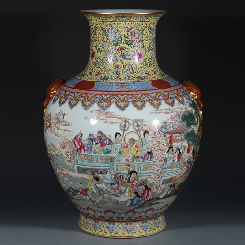 Antique Qing Qianlong Dynasty Ceramic Yellow Ground Heavy Famille Rose Porcelain Vase for Collection
