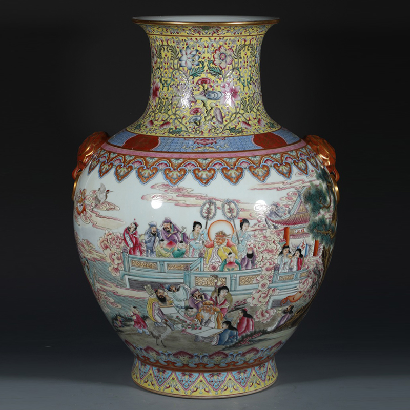 Antique Qing Qianlong Dynasty Ceramic Yellow Ground Heavy Famille Rose Porcelain Vase for Collection