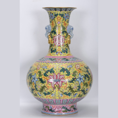 Antique Qing Qianlong Dynasty Ceramic Yellow Ground Heavy Famille Rose Porcelain Vase for Collection