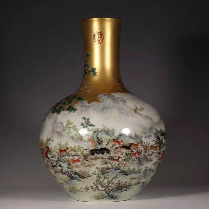 Antique Qing Qianlong Dynasty Ceramic Yellow Ground Heavy Famille Rose Porcelain Vase for Collection