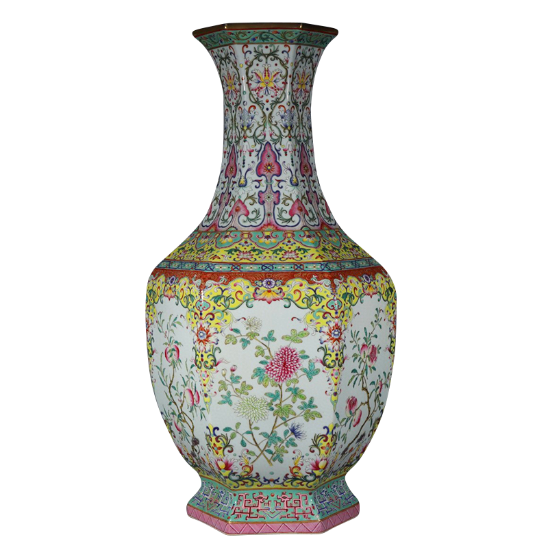 Antique Qing Qianlong Dynasty Ceramic Yellow Ground Heavy Famille Rose Porcelain Vase for Collection