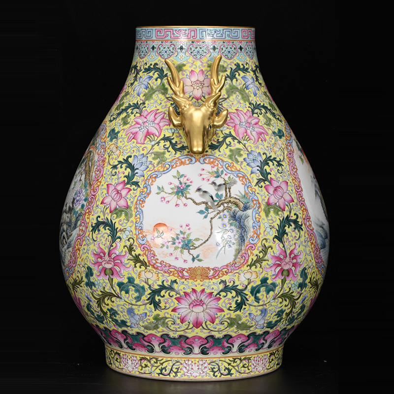 Antique Qing Qianlong Dynasty Ceramic Yellow Ground Heavy Famille Rose Porcelain Vase for Collection