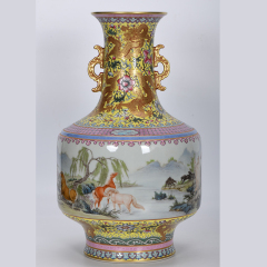 Antique Qing Qianlong Dynasty Ceramic Yellow Ground Heavy Famille Rose Porcelain Vase for Collection