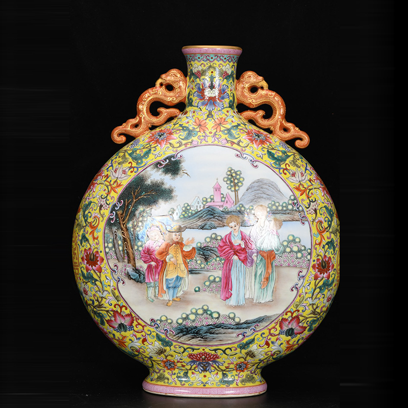 Antique Qing Qianlong Dynasty Ceramic Yellow Ground Heavy Famille Rose Porcelain Vase for Collection