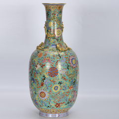 Antique Qing Qianlong Dynasty Ceramic Yellow Ground Heavy Famille Rose Porcelain Vase for Collection