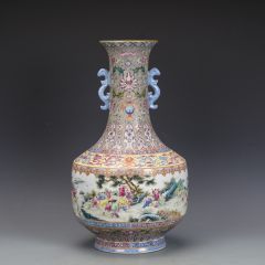 Antique Qing Qianlong Dynasty Ceramic Yellow Ground Heavy Famille Rose Porcelain Vase for Collection
