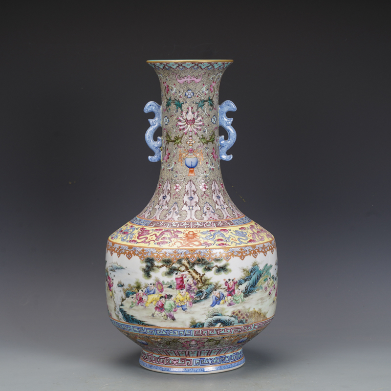 Antique Qing Qianlong Dynasty Ceramic Yellow Ground Heavy Famille Rose Porcelain Vase for Collection