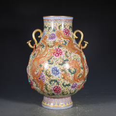 Antique Qing Qianlong Dynasty Ceramic Yellow Ground Heavy Famille Rose Porcelain Vase for Collection