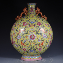 Antique Qing Qianlong Dynasty Ceramic Yellow Ground Heavy Famille Rose Porcelain Vase for Collection