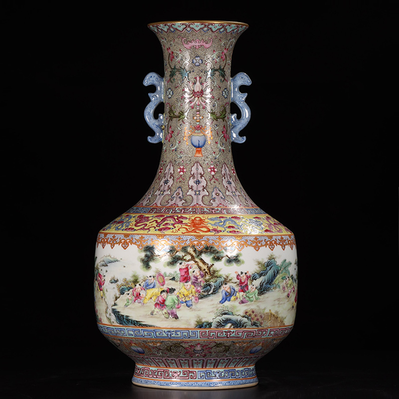 Antique Qing Qianlong Dynasty Ceramic Yellow Ground Heavy Famille Rose Porcelain Vase for Collection