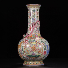 Antique Qing Qianlong Dynasty Ceramic Yellow Ground Heavy Famille Rose Porcelain Vase for Collection