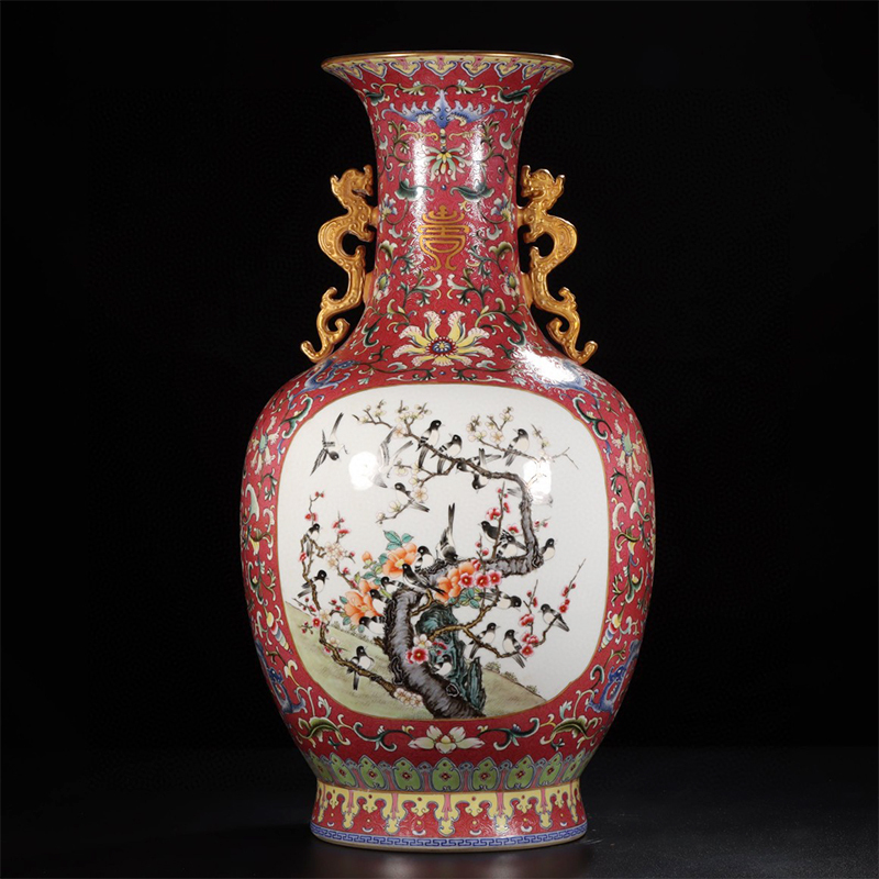 Antique Qing Qianlong Dynasty Ceramic Yellow Ground Heavy Famille Rose Porcelain Vase for Collection