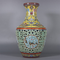 Antique Qing Qianlong Dynasty Ceramic Yellow Ground Heavy Famille Rose Porcelain Vase for Collection