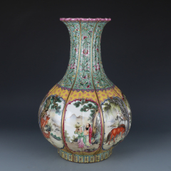 Antique Qing Qianlong Dynasty Ceramic Yellow Ground Heavy Famille Rose Porcelain Vase for Collection