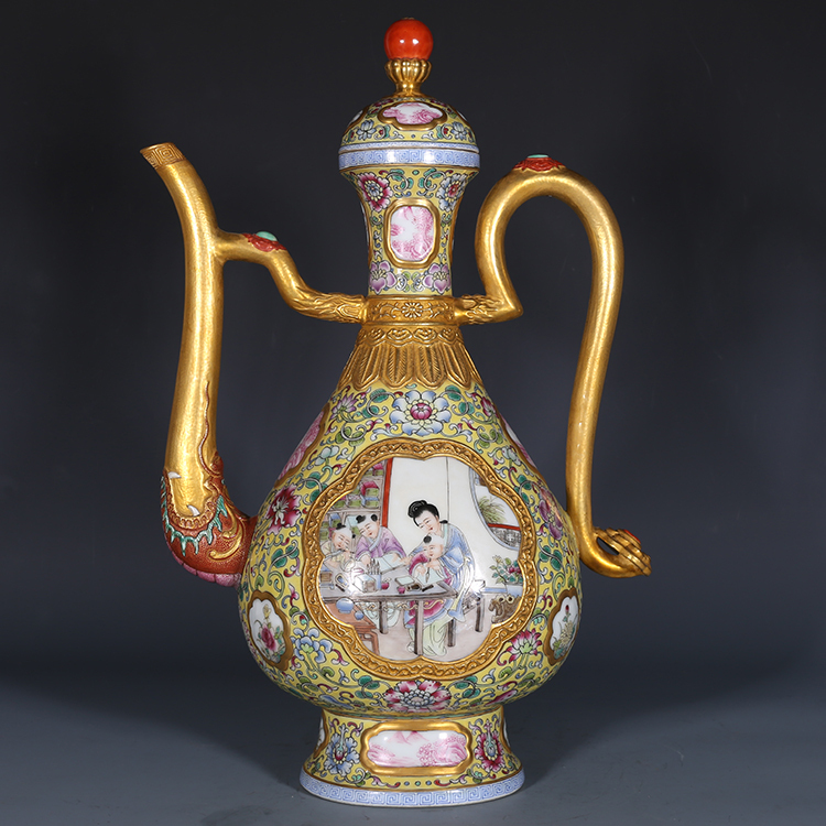 Antique Qing Qianlong Dynasty Ceramic Yellow Ground Heavy Famille Rose Porcelain Vase for Collection