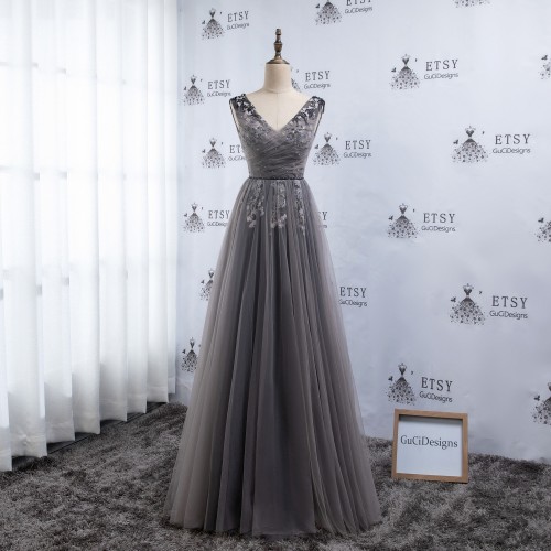 A-line V-neck Prom Dresses,Gray Tulle Prom Dress,Floral Embroidery Evening Dress,Beading Prom Gown,Prom Dress Corset,Gray Bridesmaid Dresses.