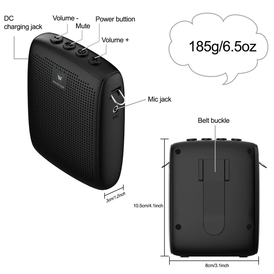 WB002 15W Bluetooth Wireless Voice Amplifier – Portable PA System with Headset Mic | WinBridge
