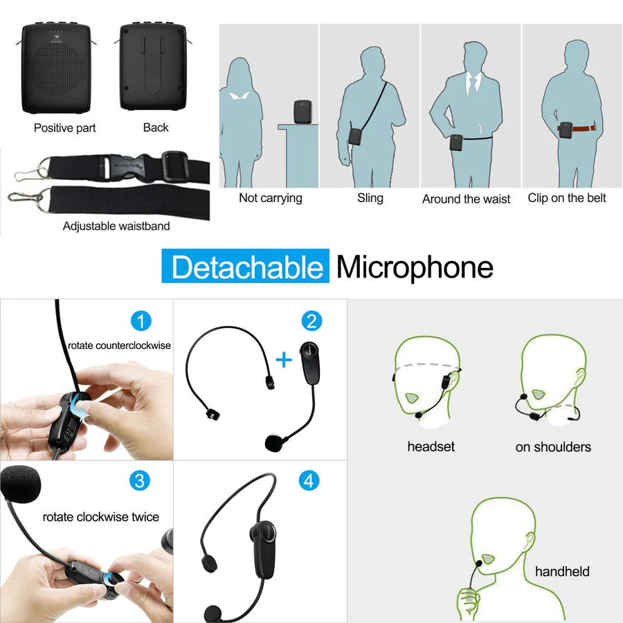 WB002 15W Bluetooth Wireless Voice Amplifier – Portable PA System with Headset Mic | WinBridge