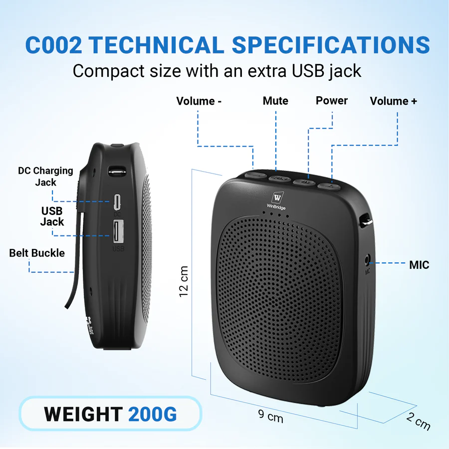 C002 15W Bluetooth Voice Amplifier with Wireless Headset Microphone | WinBridge