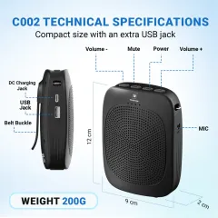 C002 15W Bluetooth Voice Amplifier with Wireless Headset Microphone | WinBridge
