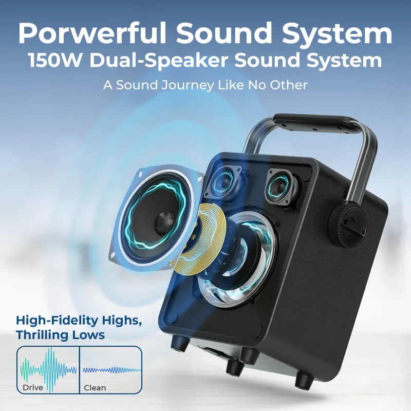S200 150W Portable Bluetooth Karaoke PA System with Dual Wireless Microphones – Party & Event Speaker for Indoor and Outdoor Use | WinBridge