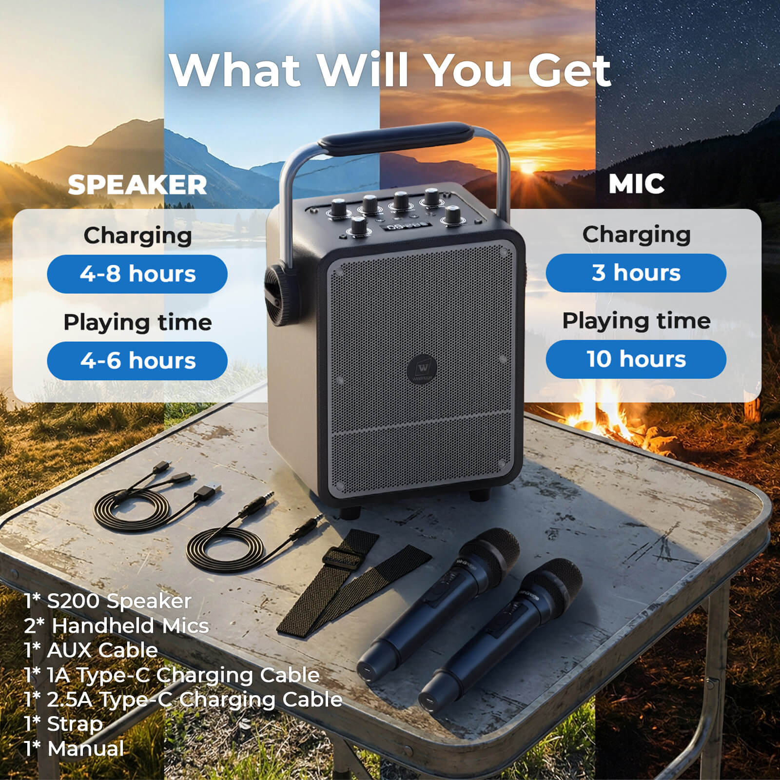 S200 150W Portable Bluetooth Karaoke PA System with Dual Wireless Microphones – Party & Event Speaker for Indoor and Outdoor Use | WinBridge