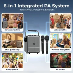 S200 150W Portable Bluetooth Karaoke PA System with Dual Wireless Microphones – Party & Event Speaker for Indoor and Outdoor Use | WinBridge