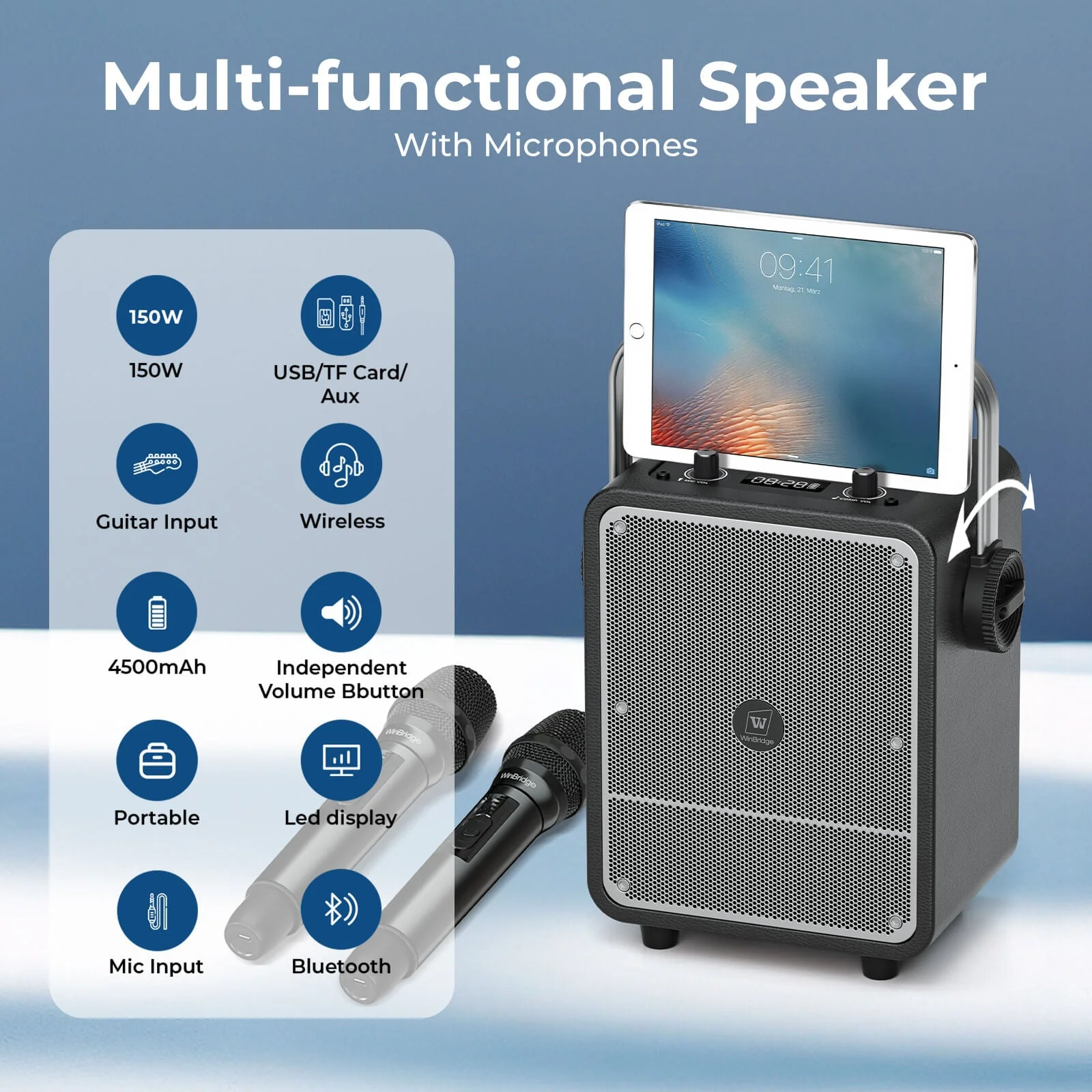 S200 150W Portable Bluetooth Karaoke PA System with Dual Wireless Microphones – Party & Event Speaker for Indoor and Outdoor Use | WinBridge