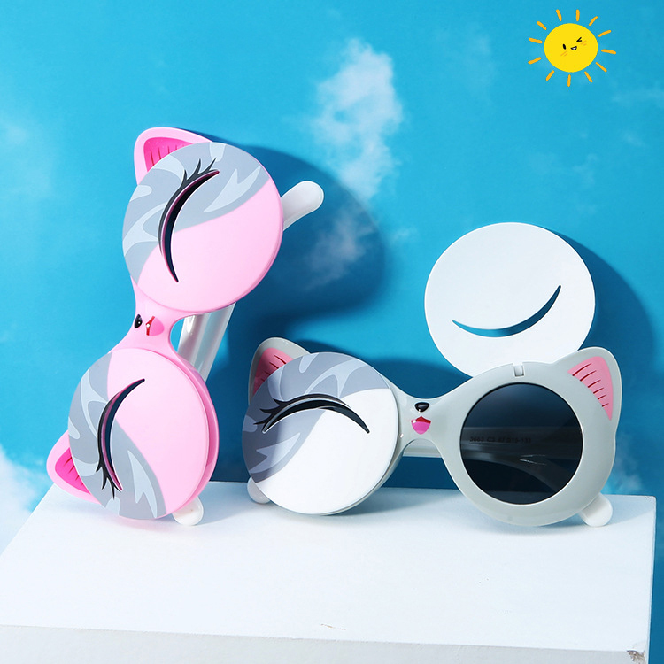 New children's polarizing sunglasses Fashion cartoon kitten clamshell hipster sunglasses UV protection glasses