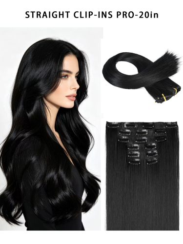 Black Hair Extensions Straight Clip ins Hair Extensions, soft thick, 20 in7pcs, natural black.dyeing perming, smooth tangle-free