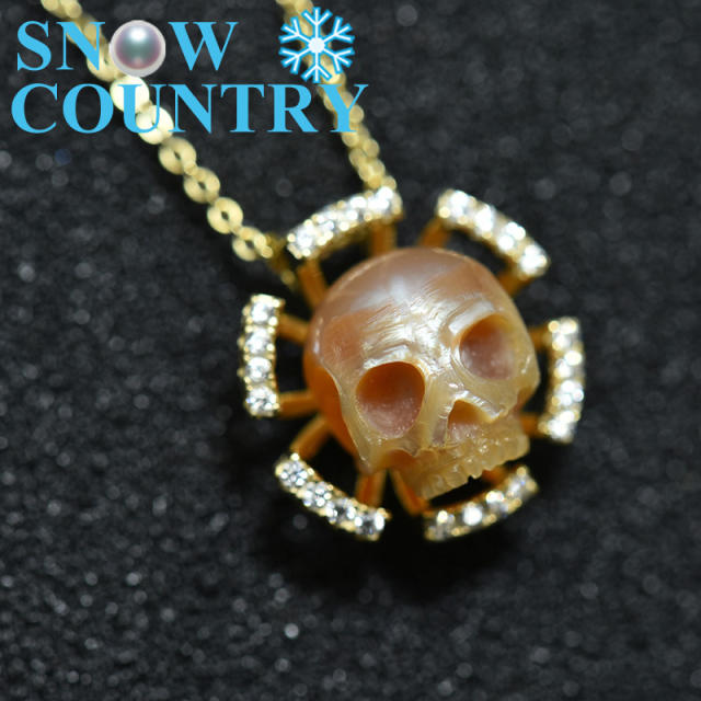 Pearl Carved Skull Pendant Necklace  925 Sterling Silver Simple Design Jewelry