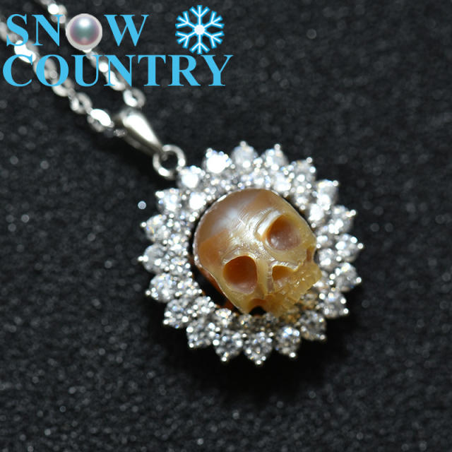 Pearl Carved Skull Pendant Necklace  925 Sterling Silver Sunflower Shape Jewelry