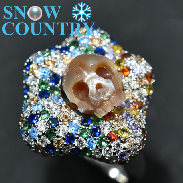 Pearl Carved Skull Ring  925 Sterling Silver Gorgeous Jewelry
