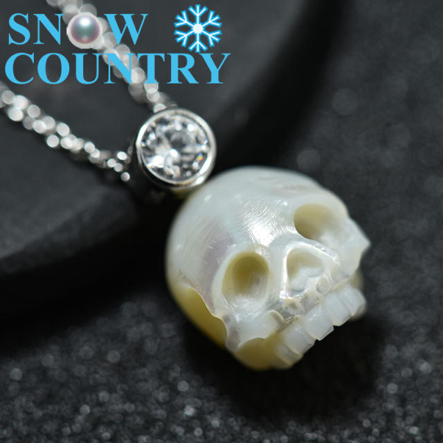 Pearl Hand Carving Skull Pendant Necklace 925 Sterling Silver Jewelry Halloween Gift