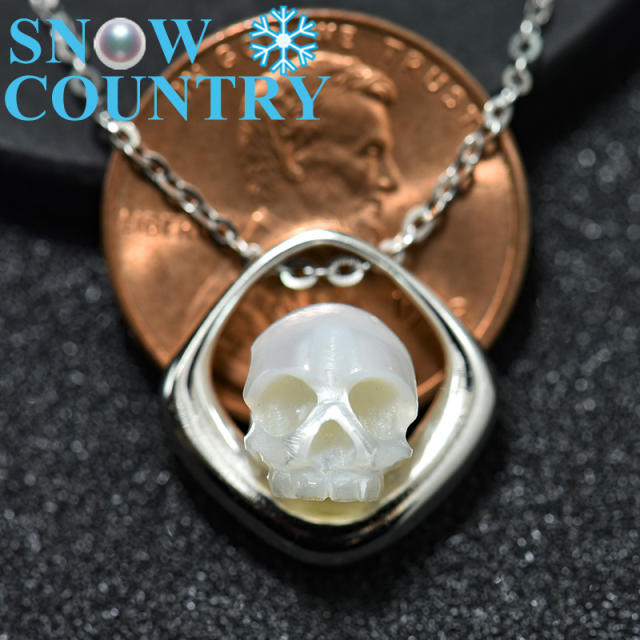 Pearl Carved Replica Skull Pendant 925 Sterling Silver Gothic Necklace Jewelry Mother's Day Handmade Gift