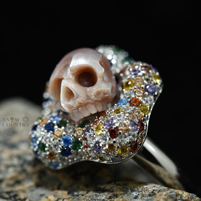 Pearl Skull Ring for Women Colored Zircon Sliver Gothic Jewelry Wedding Gift