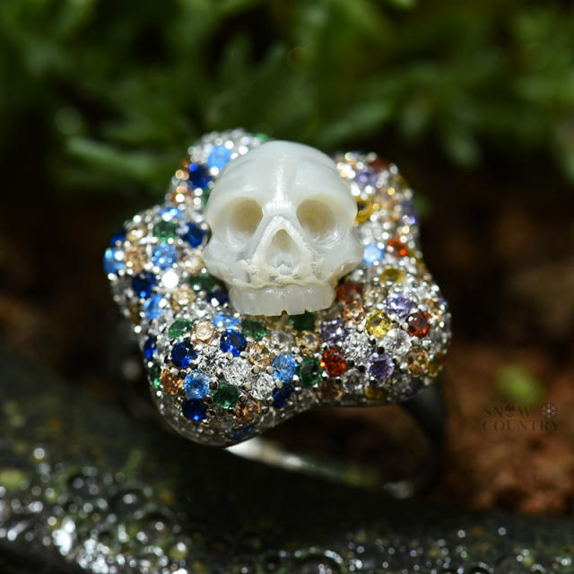 Pearl Skull Ring for Women Colored Zircon Sliver Gothic Jewelry Wedding Gift
